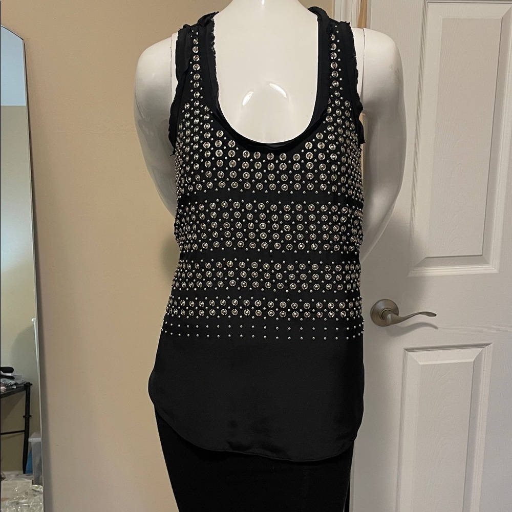 Rebecca Taylor Silk Scoop Neck Silver Metal Embellished  Tank Top Camisole 4 EC